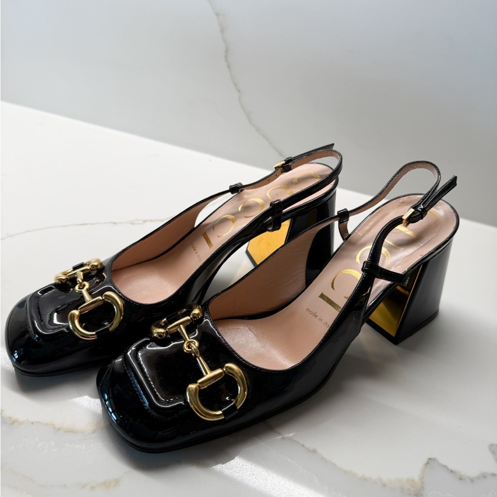 Gucci Black Patent Leather Block Heels with Gold Accents